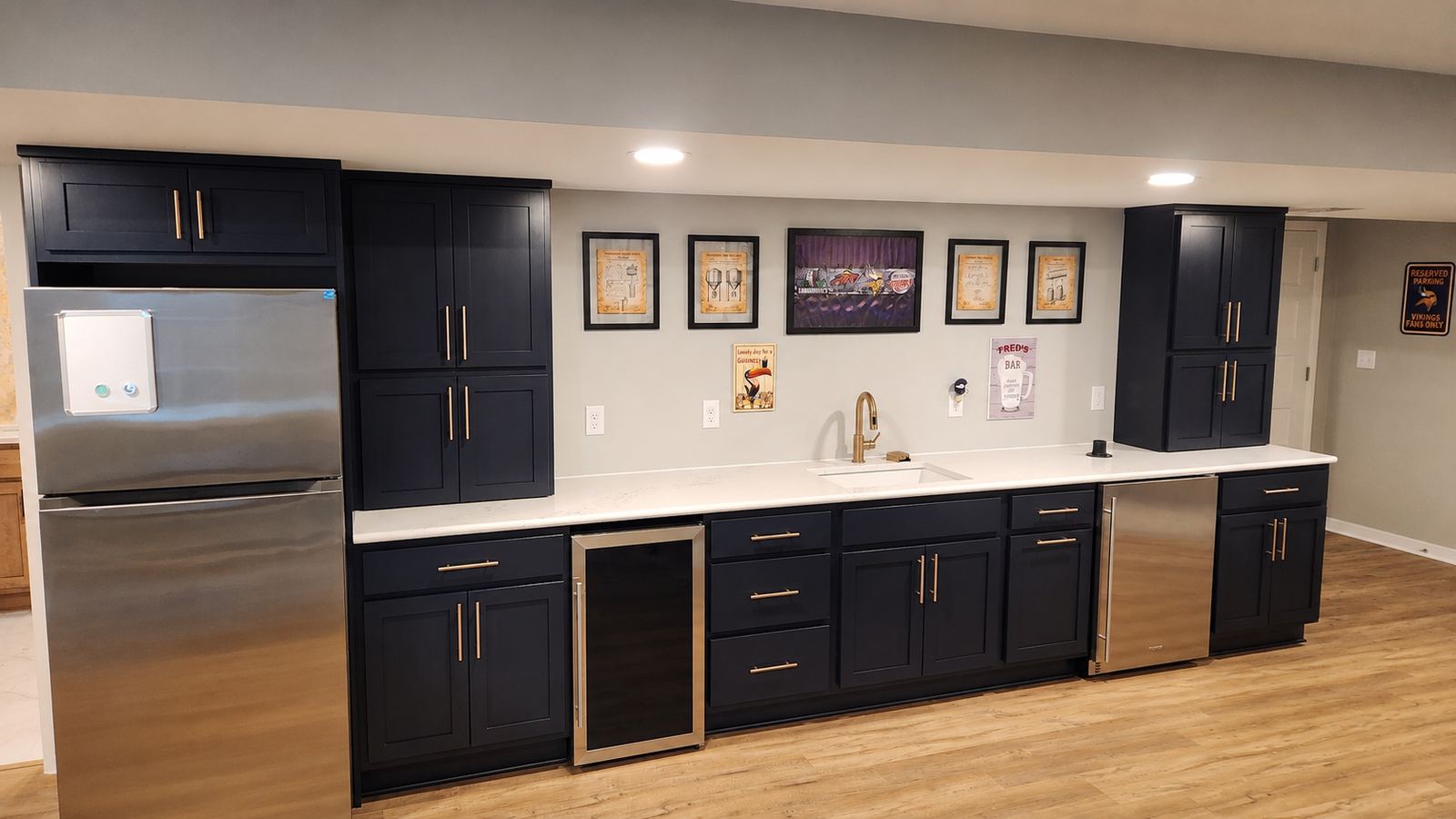 Basement recreation room with custom wet bar